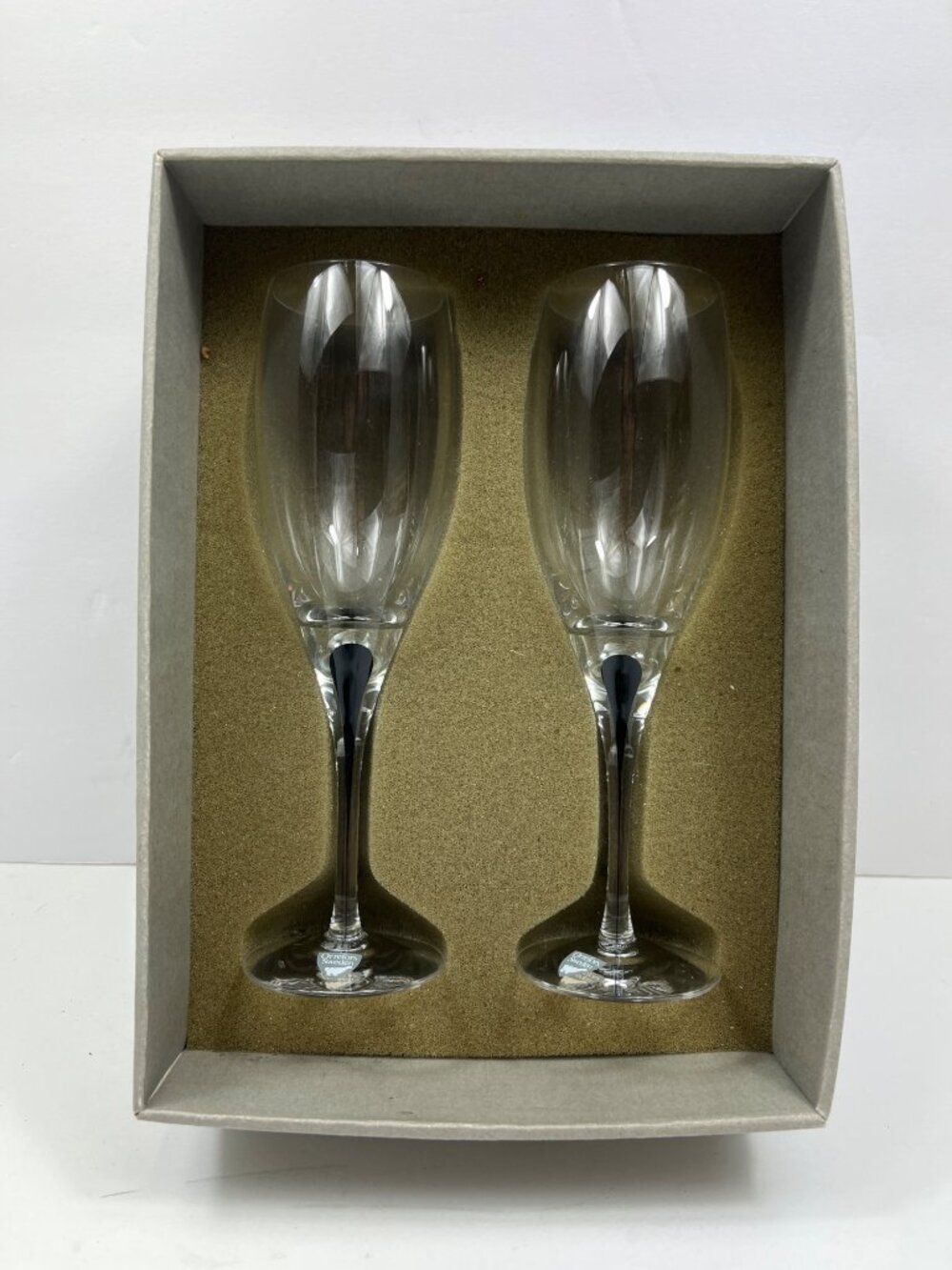 Orrefors Sweden Crystal Champagne Flutes In Box Set Of 2 Elegant Stemware C1